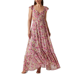 ASTR THE LABEL WOMENS LARGE FLORAL PRIMROSE STRAPPY MAXI DRESS PINK YELLOW NEW